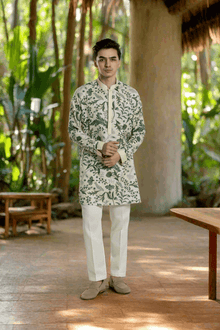 Men's Printed Mid-length Kurta Pant Set with Anchor Thread Detailing