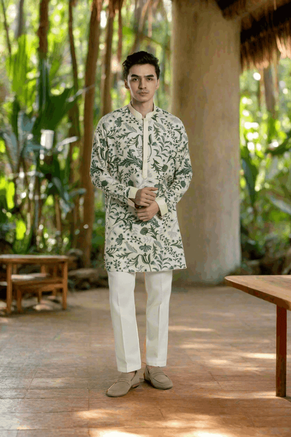 Men's Printed Mid-length Kurta Pant Set with Anchor Thread Detailing Kurta Pant Set
