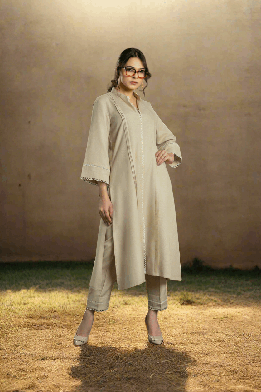 Women's Pleated Lace Long Coord Set with Bell Sleeves Long Co-Ord Set