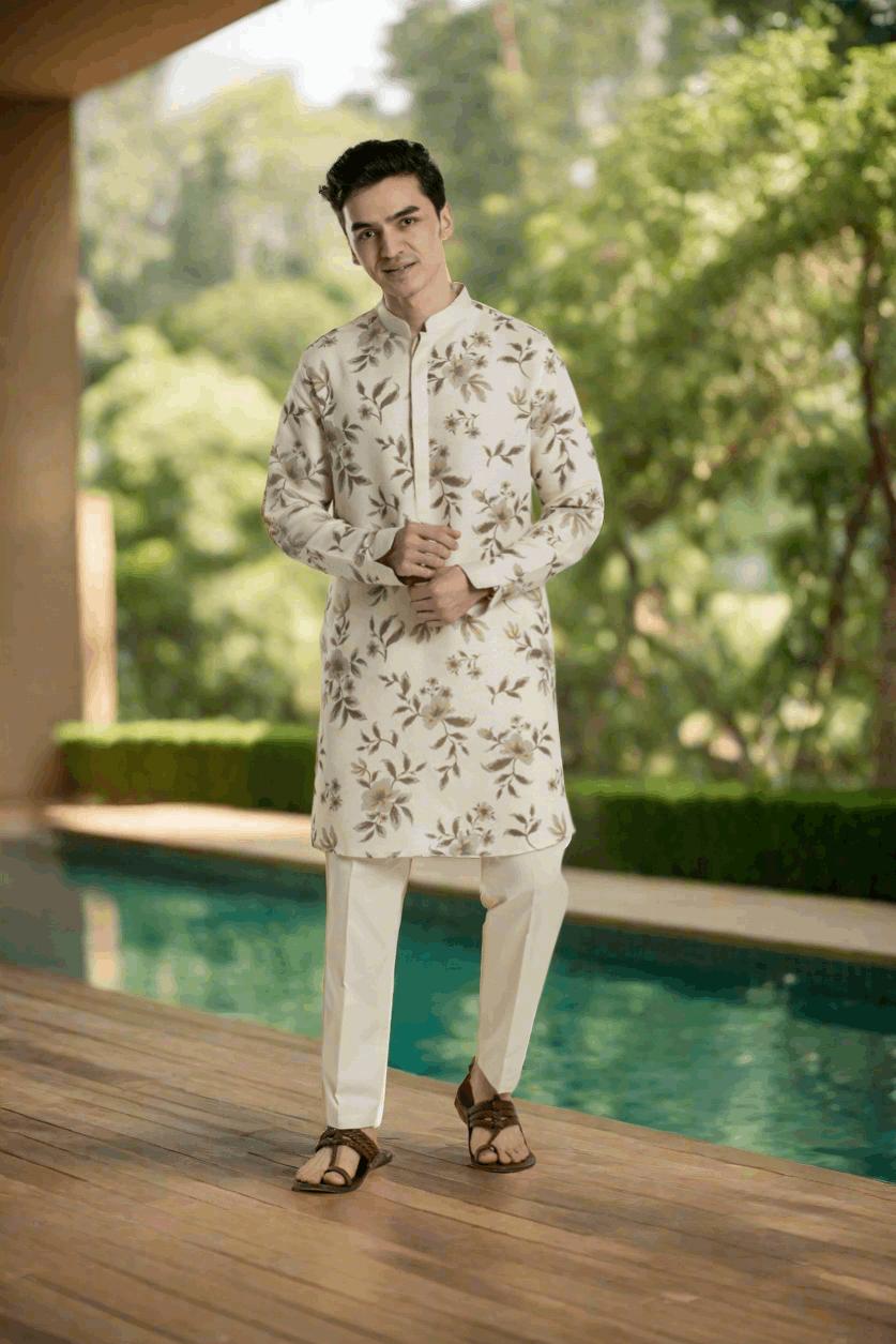 Floral Linen Kurta Set With Anchor Thread Embroidery Kurta Pant Set