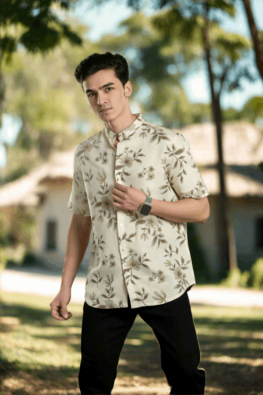 Floral Mandarin Linen Shirt Casual Shirt