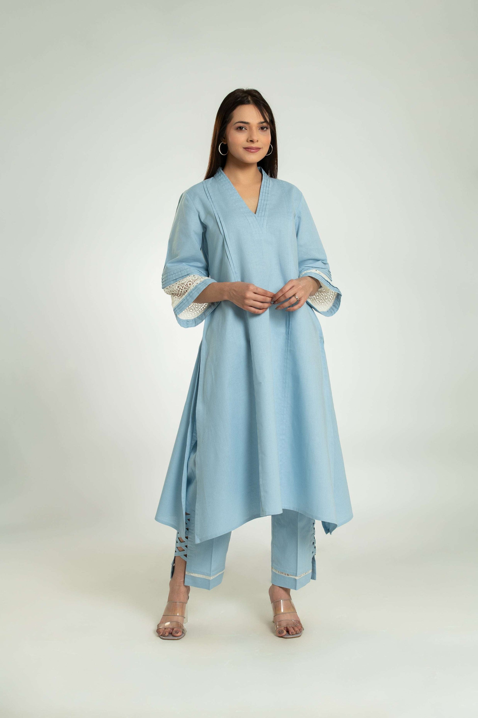 Women's Bell Sleeves Pleated Linen Co-Ord Long Co-Ord Set