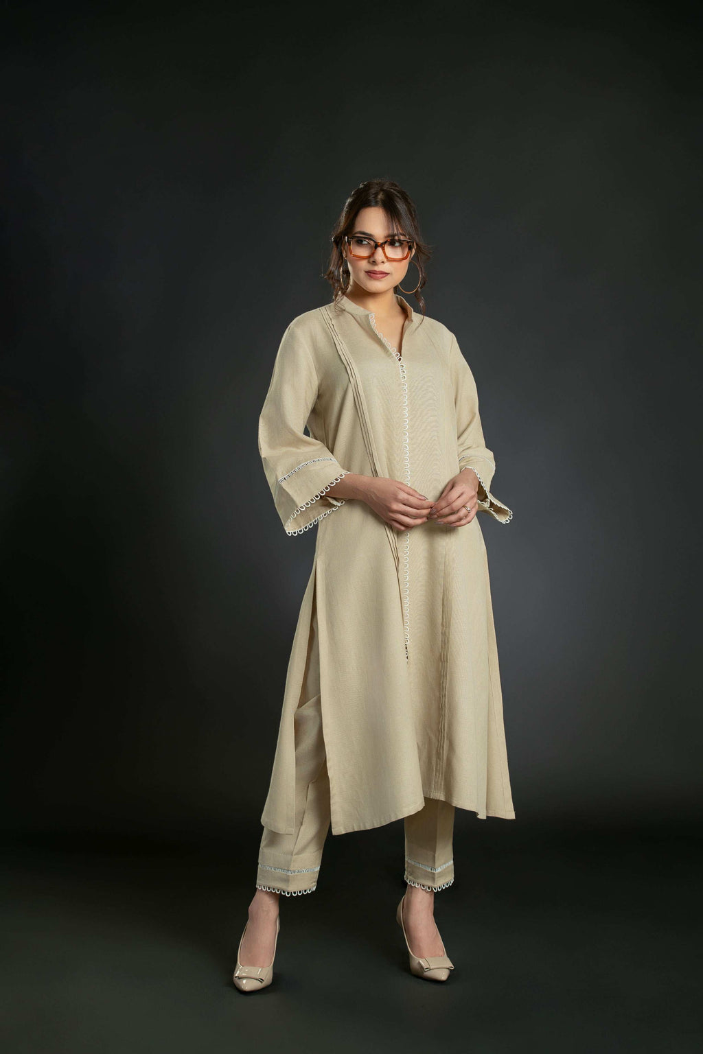 Women's Pleated Lace Long Coord Set with Bell Sleeves Long Co-Ord Set