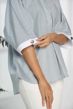 Pinstripe Green - Fine Cotton Kimono Shirt for Women Women's Shirts Women's Shirts