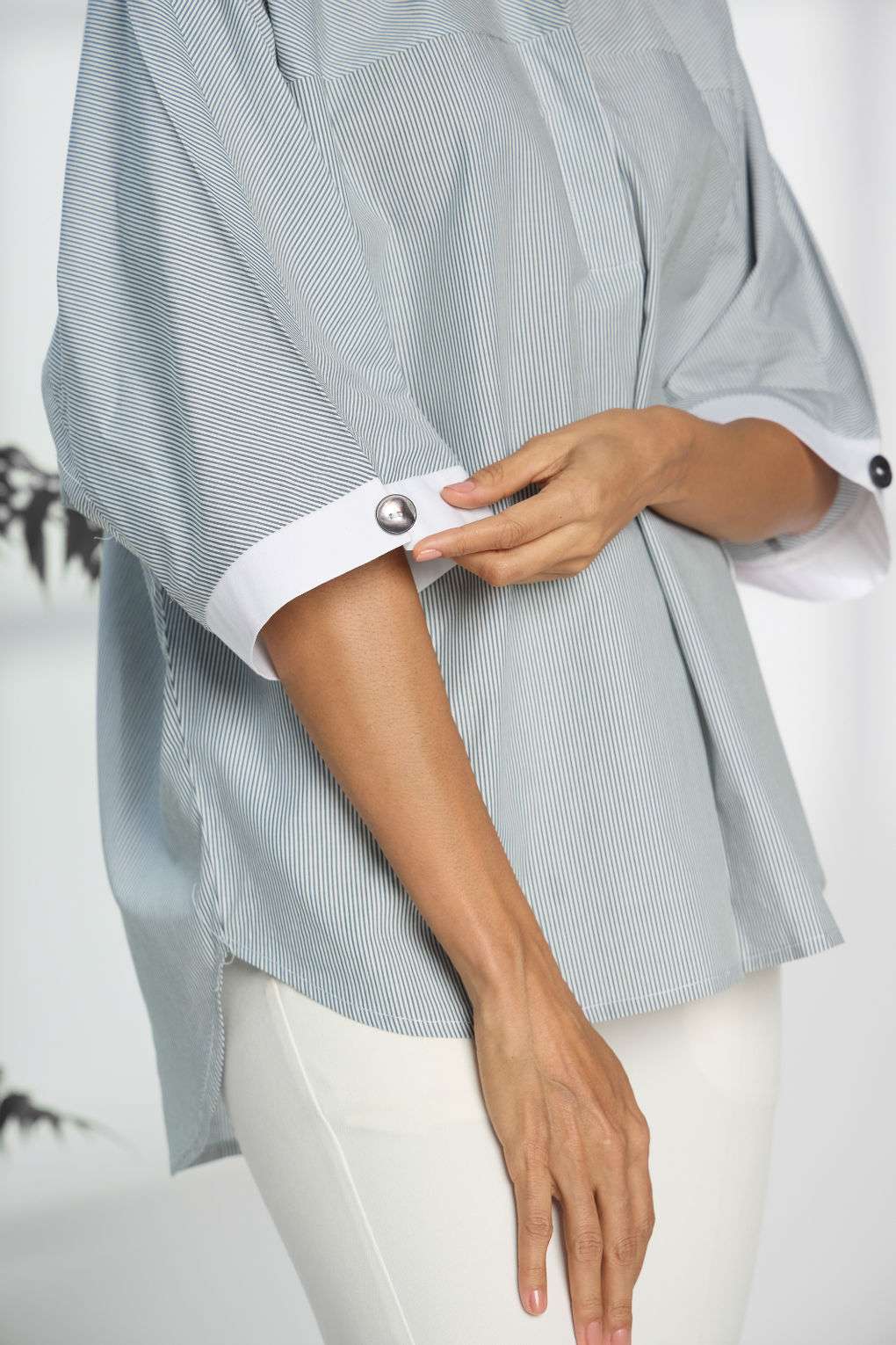 Pinstripe Green - Fine Cotton Kimono Shirt for Women Women's Shirts Women's Shirts