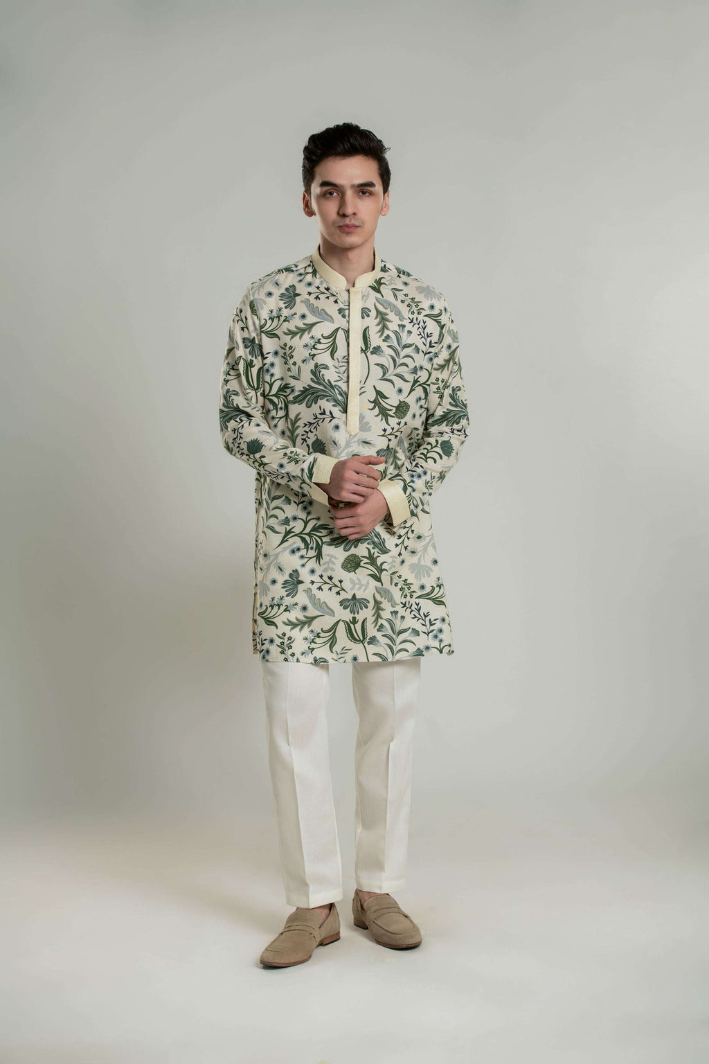 Men's Printed Mid-length Kurta Pant Set with Anchor Thread Detailing Kurta Pant Set