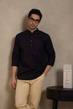 Ebony Black Short Kurta with Mandarin Collar