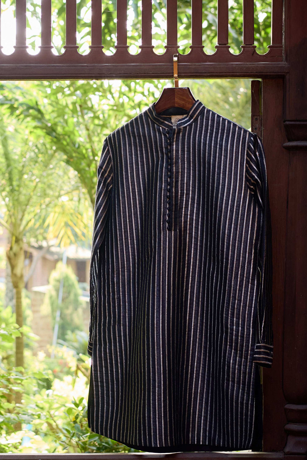 Heera - Tussar Silk Black Strips Designer Kurta Set for Men's Kurta Pant Set Kurta Pant Set