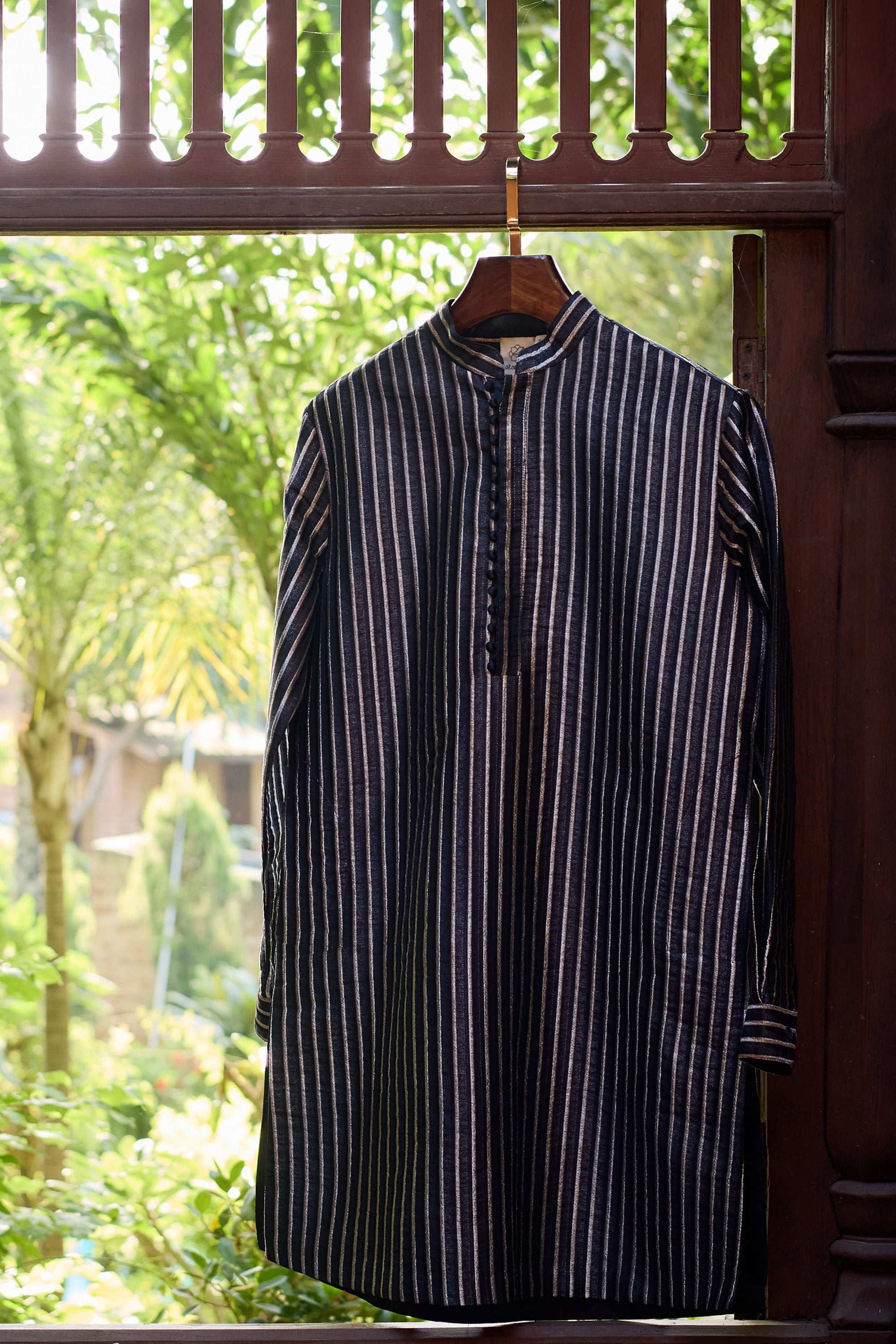 Heera - Tussar Silk Black Strips Designer Kurta Set for Men's Kurta Pant Set Kurta Pant Set