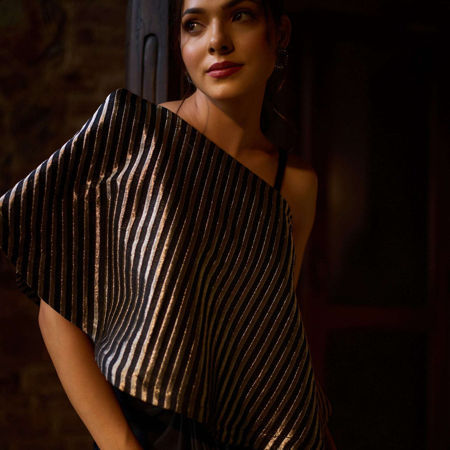 Zoya - Women's Silk One-Shoulder Dress With Drape Skirt Fusion Dhoti Skirt with Inner and Cape Fusion Dhoti Skirt with Inner and Cape
