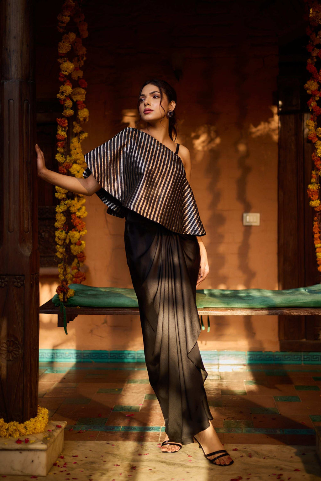 Zoya - Women's Silk One-Shoulder Dress With Drape Skirt Fusion Dhoti Skirt with Inner and Cape Fusion Dhoti Skirt with Inner and Cape