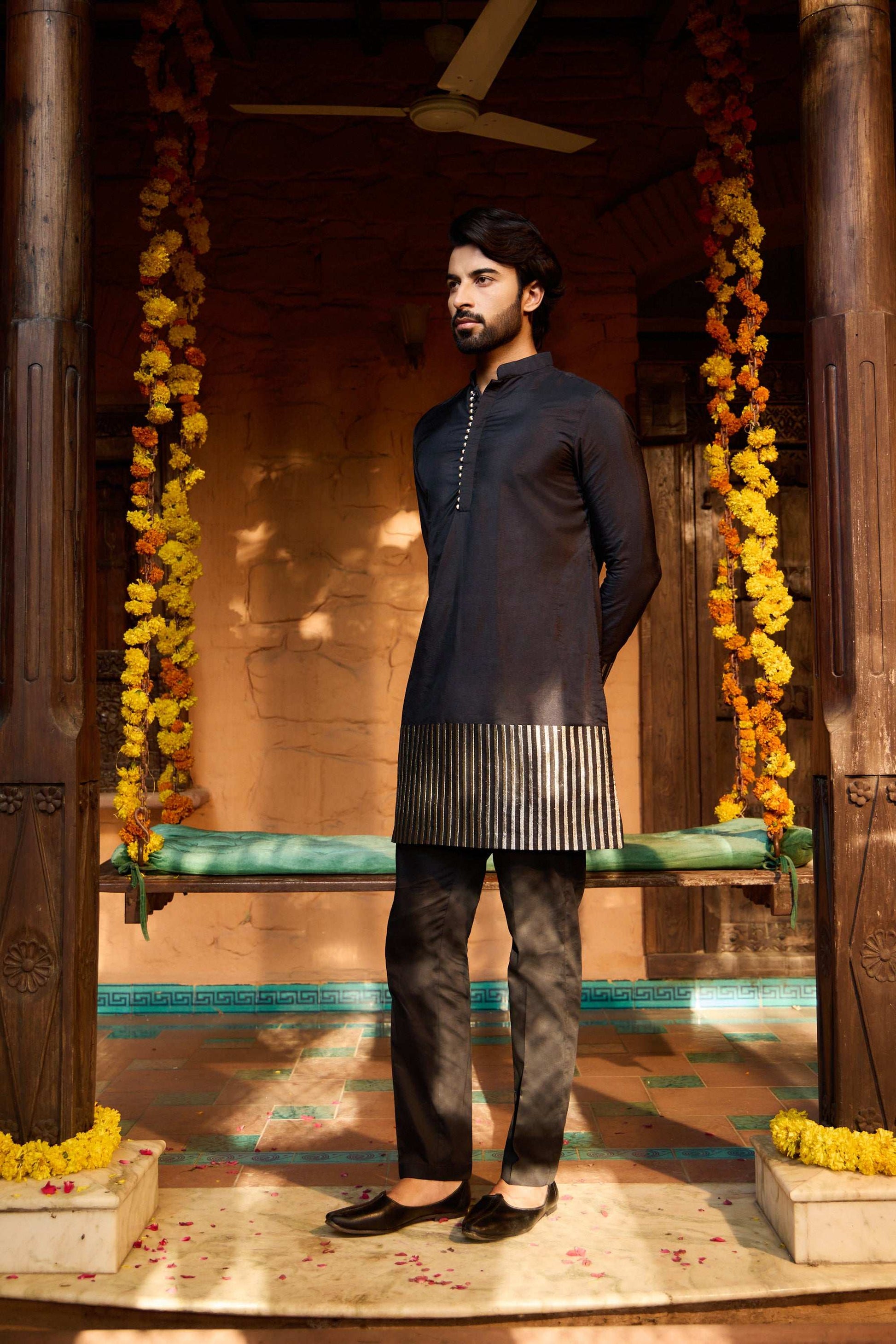 Mannat - Black Silk Silver Strips Co-ords Set for Men with Collar Kurta Pant Set Kurta Pant Set