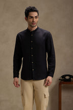 Retro Black - Linen Mandarin Collar Shirt for Men Men's Shirt Men's Shirt