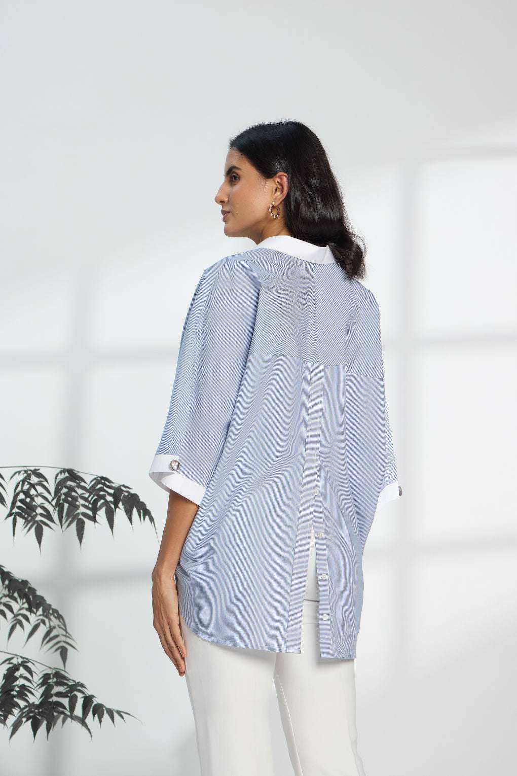 Pinstripe Blue - Fine Cotton Kimono Shirt for Women Women's Shirts Women's Shirts