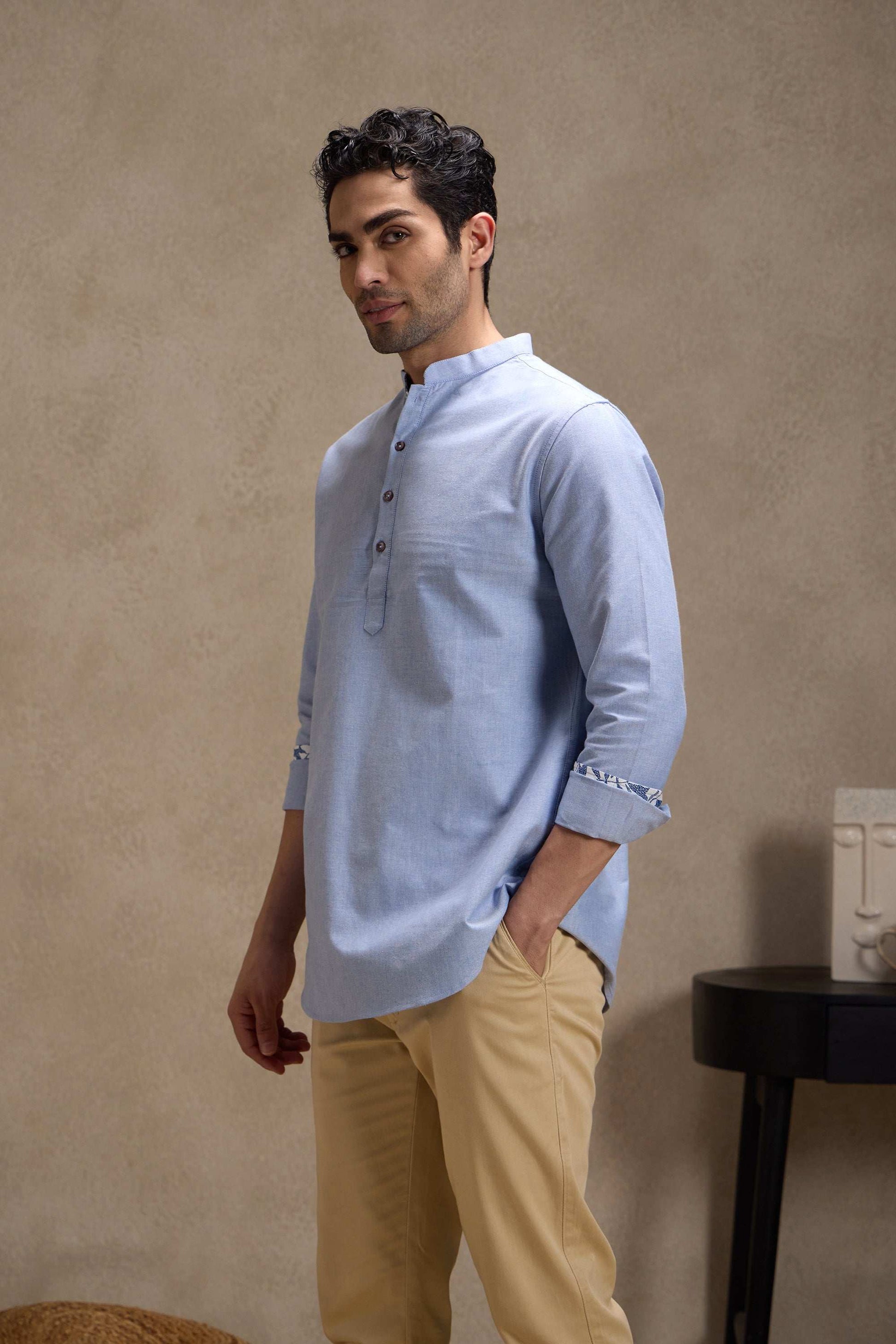 Oxford Blue Mandarin Collar Short Kurta Short Kurta Short Kurta