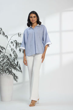 Pinstripe Blue - Fine Cotton Kimono Shirt for Women