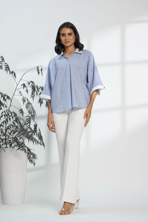 Pinstripe Blue - Fine Cotton Kimono Shirt for Women Women's Shirts Women's Shirts