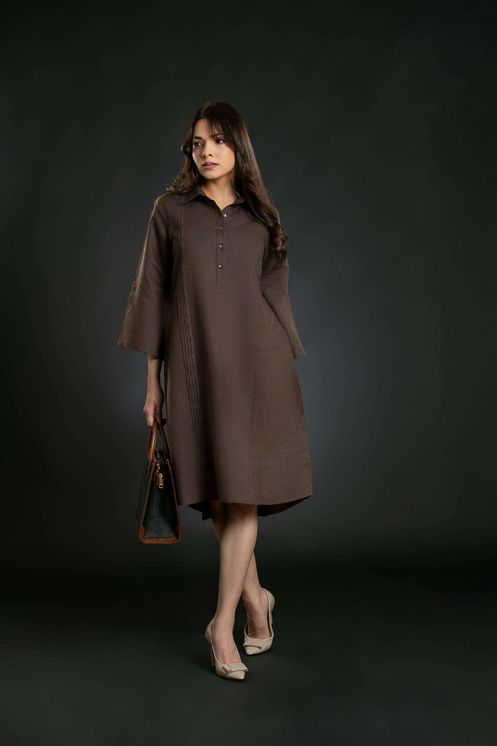 Women's Pleated Shirt Linen Dress Midi Dress