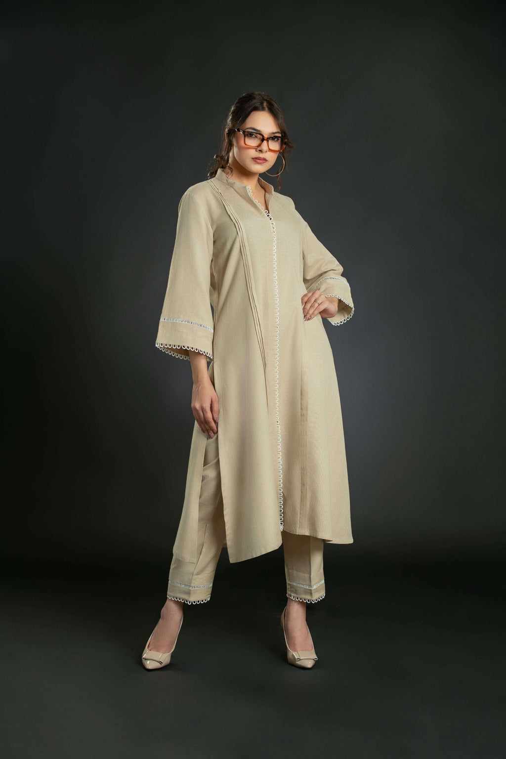 Women's Pleated Lace Long Coord Set with Bell Sleeves Long Co-Ord Set