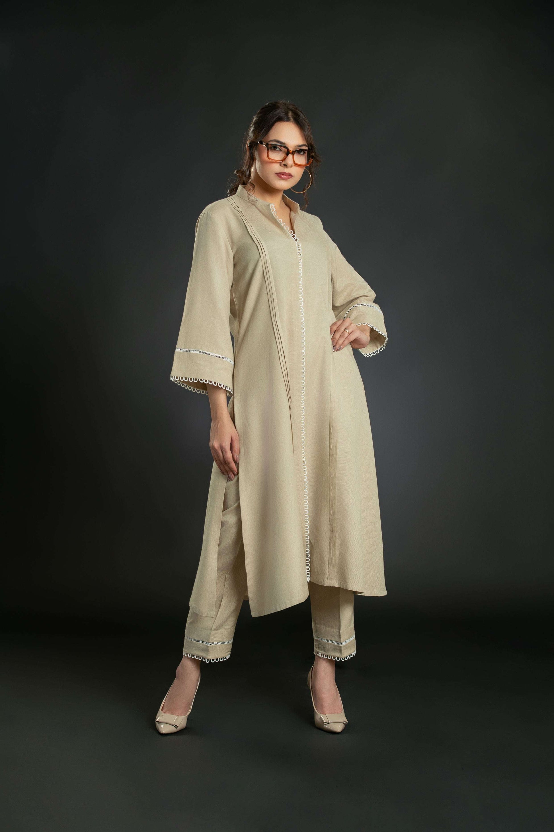 Women's Pleated Lace Long Coord Set with Bell Sleeves Long Co-Ord Set