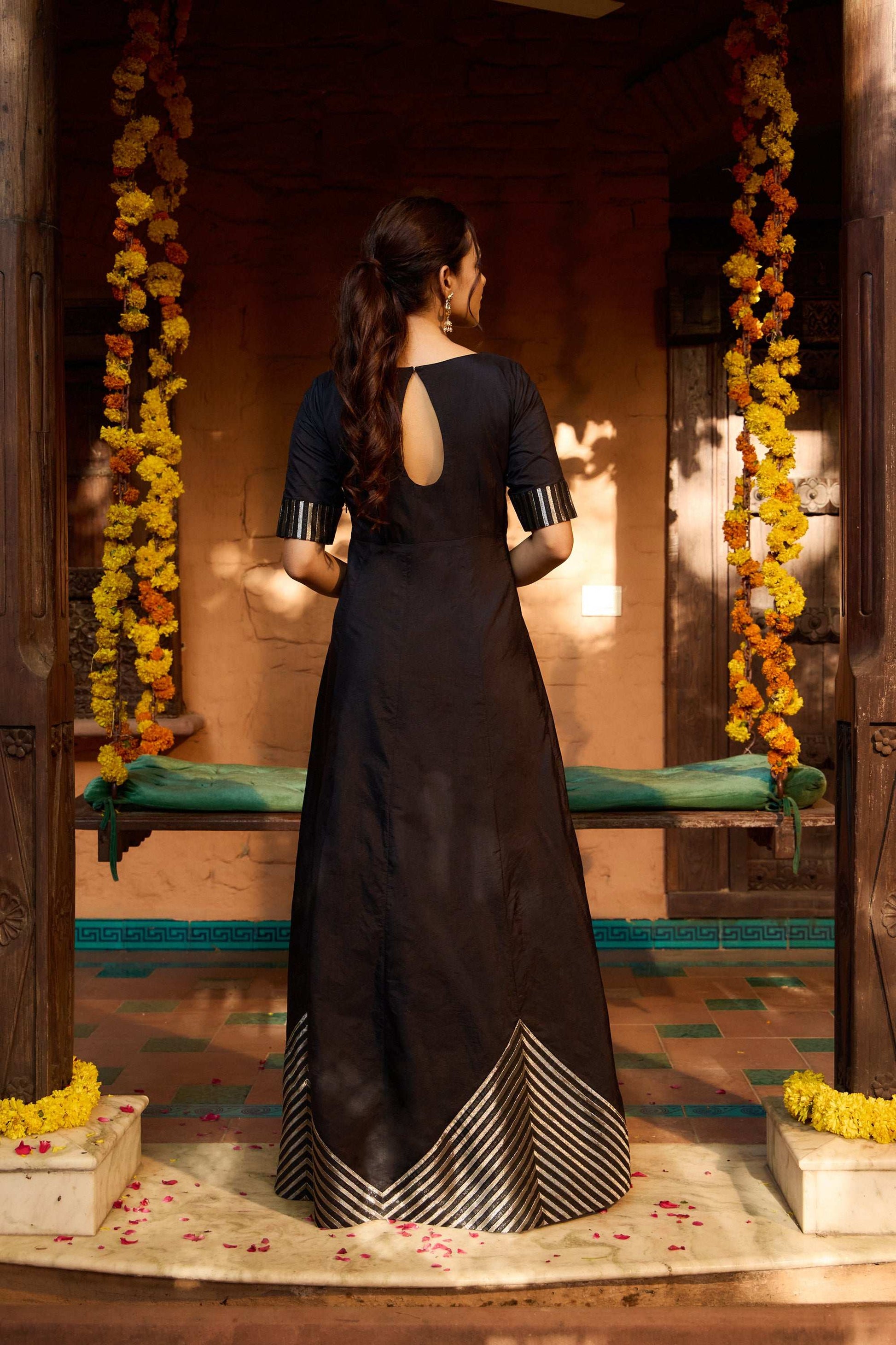 Hunar - Tradition & Modern Strips Design Black Women's Dress Fusion Kalidar Fusion Kalidar