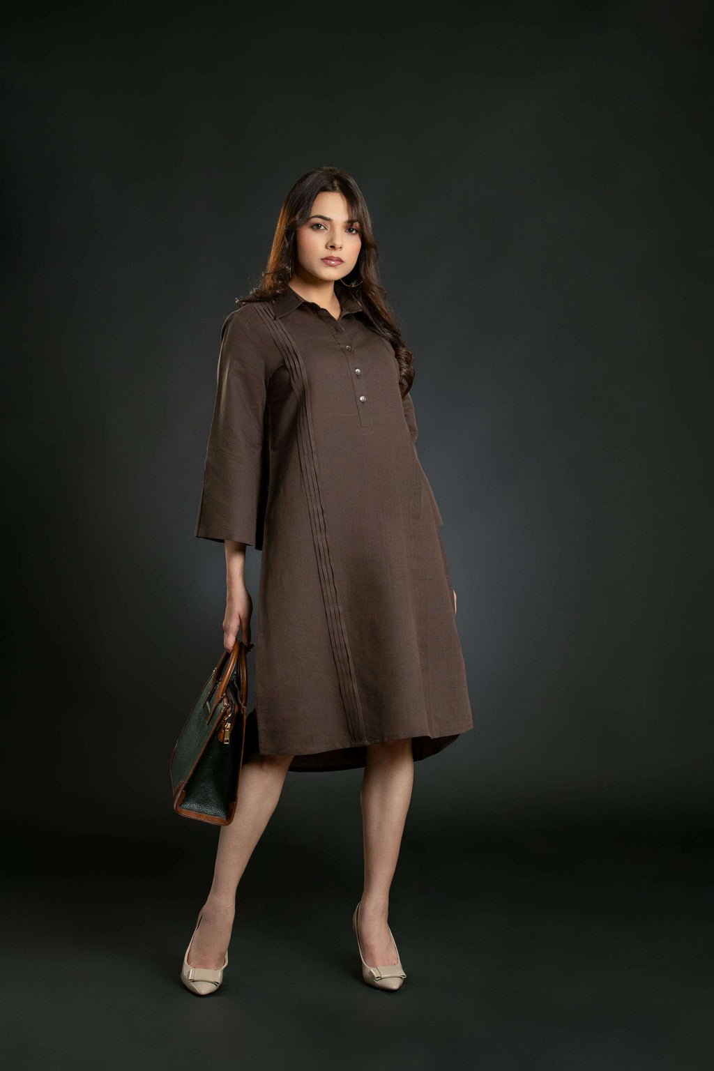 Women's Pleated Shirt Linen Dress Midi Dress