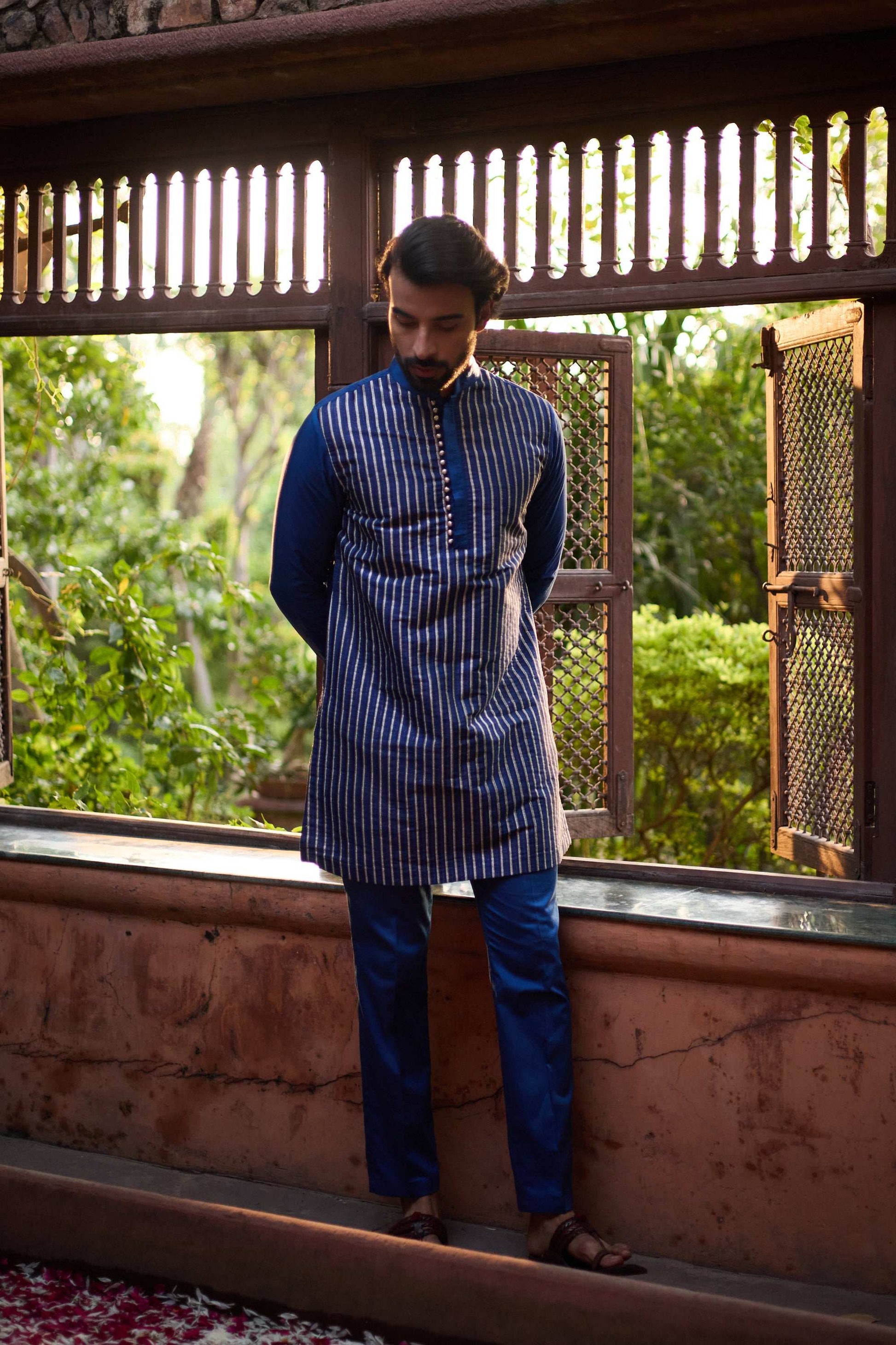 Rehmat - Striped Pattern Designer Silk Blue Men's Kurta Set Kurta Pant Set Kurta Pant Set