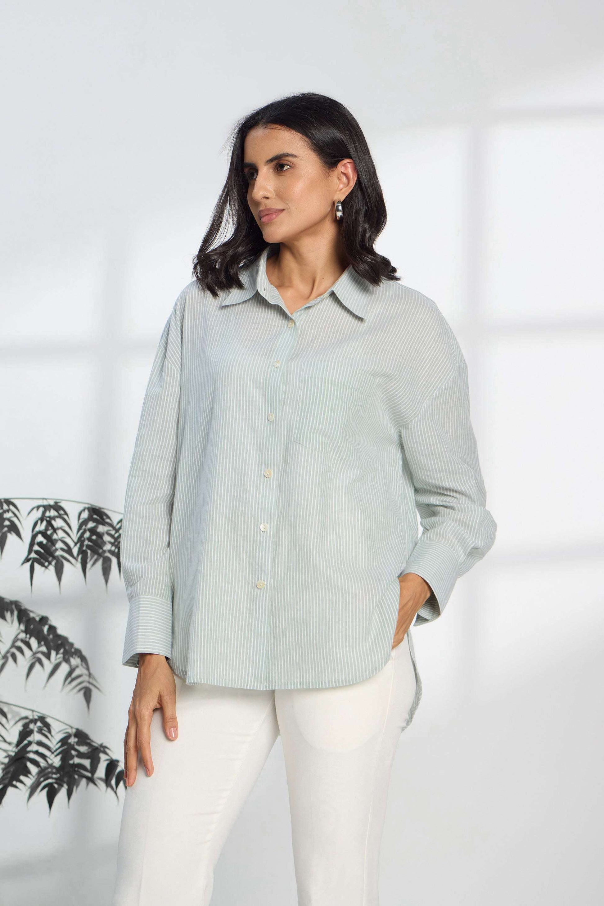 Green Apple Stripe - Oversized Cotton Shirt for Women Women's Shirts Women's Shirts