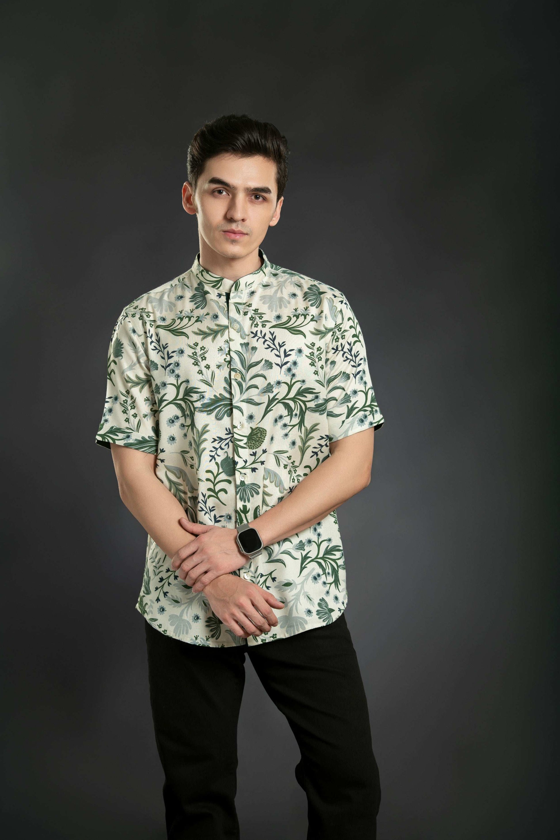 Floral Linen Shirt With Mandarin Collar Casual Shirt