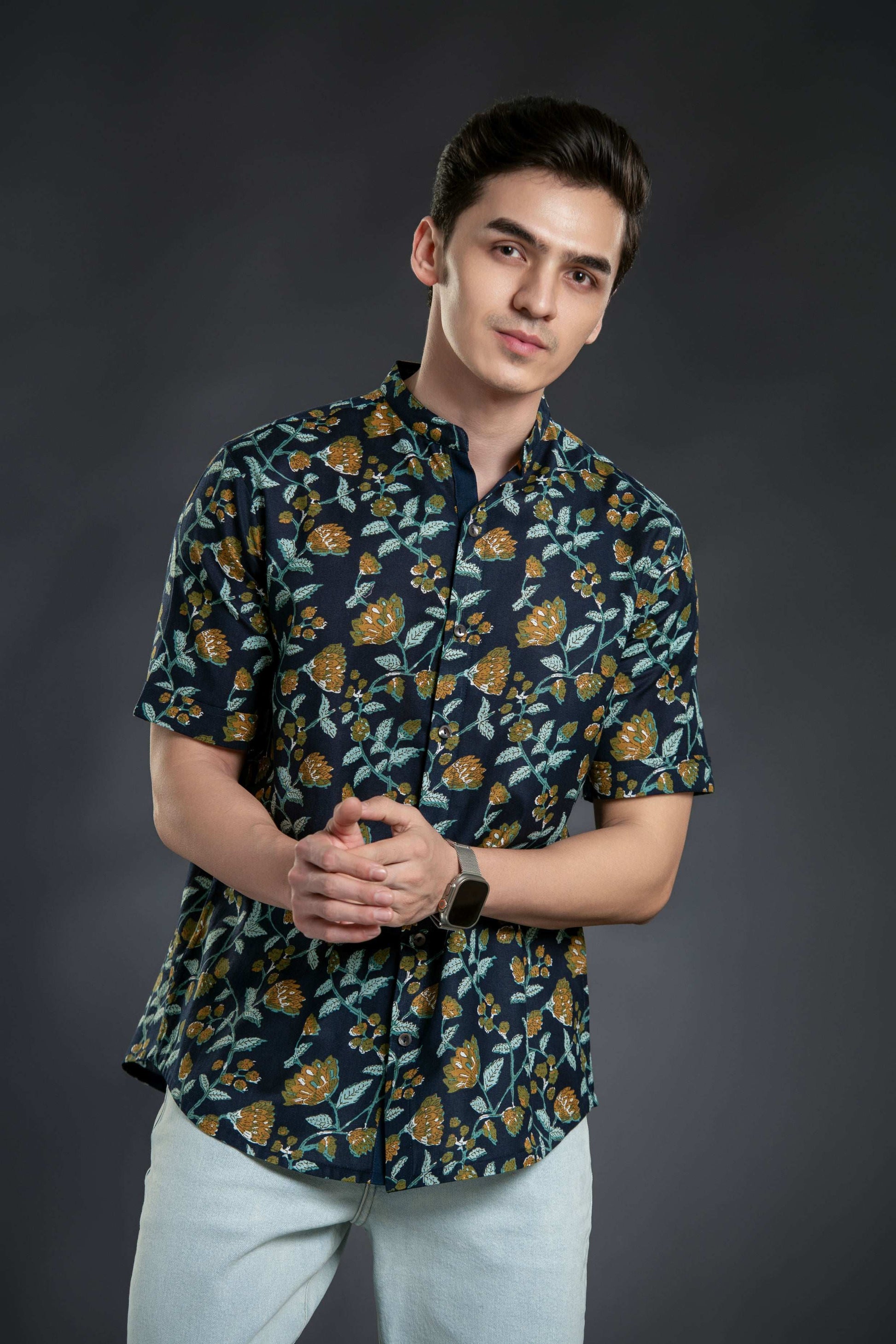 Floral Print Mandarin Collar Shirt Casual Shirt