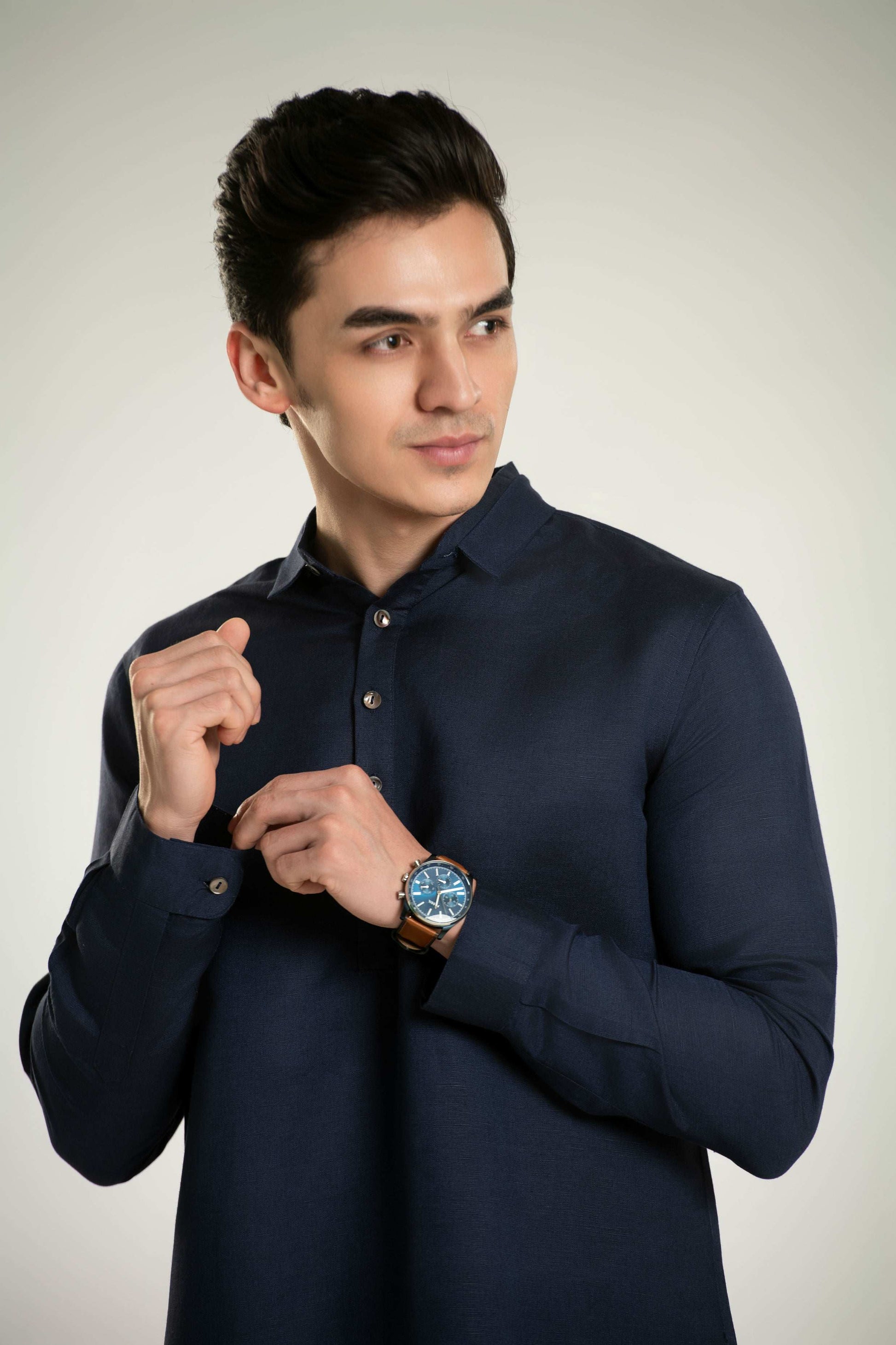 Styled Point Collar Linen Lounge Shirt Short Kurta