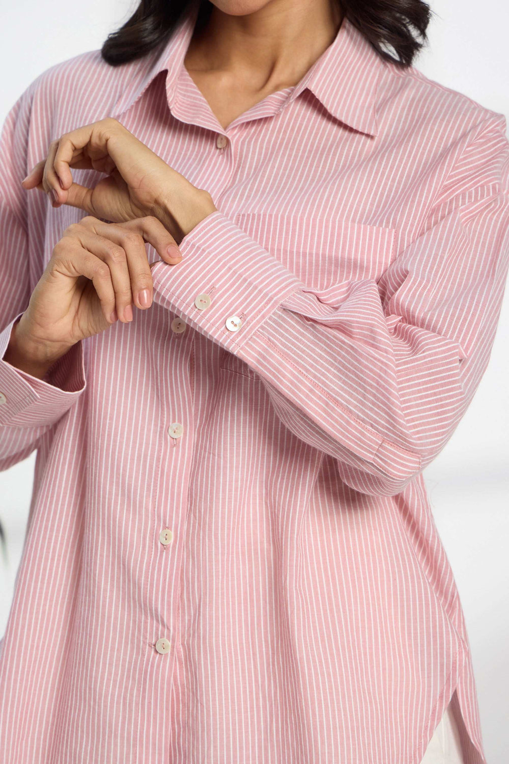 Flamingo Pink Stripe - Oversized Cotton Shirt for Women Women's Shirts Women's Shirts