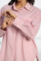 Flamingo Pink Stripe - Oversized Cotton Shirt for Women Women's Shirts Women's Shirts