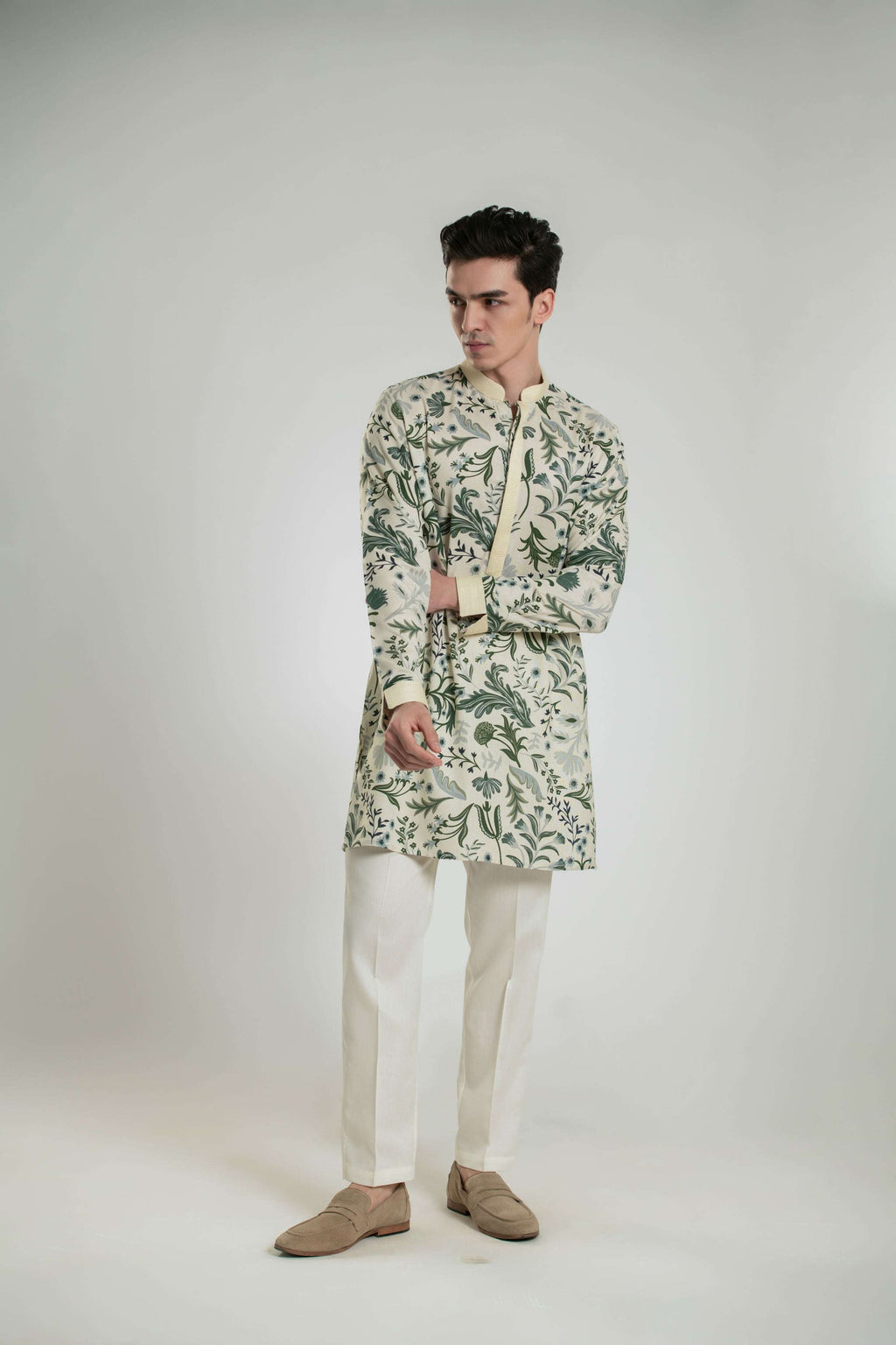 Men's Printed Mid-length Kurta Pant Set with Anchor Thread Detailing Kurta Pant Set