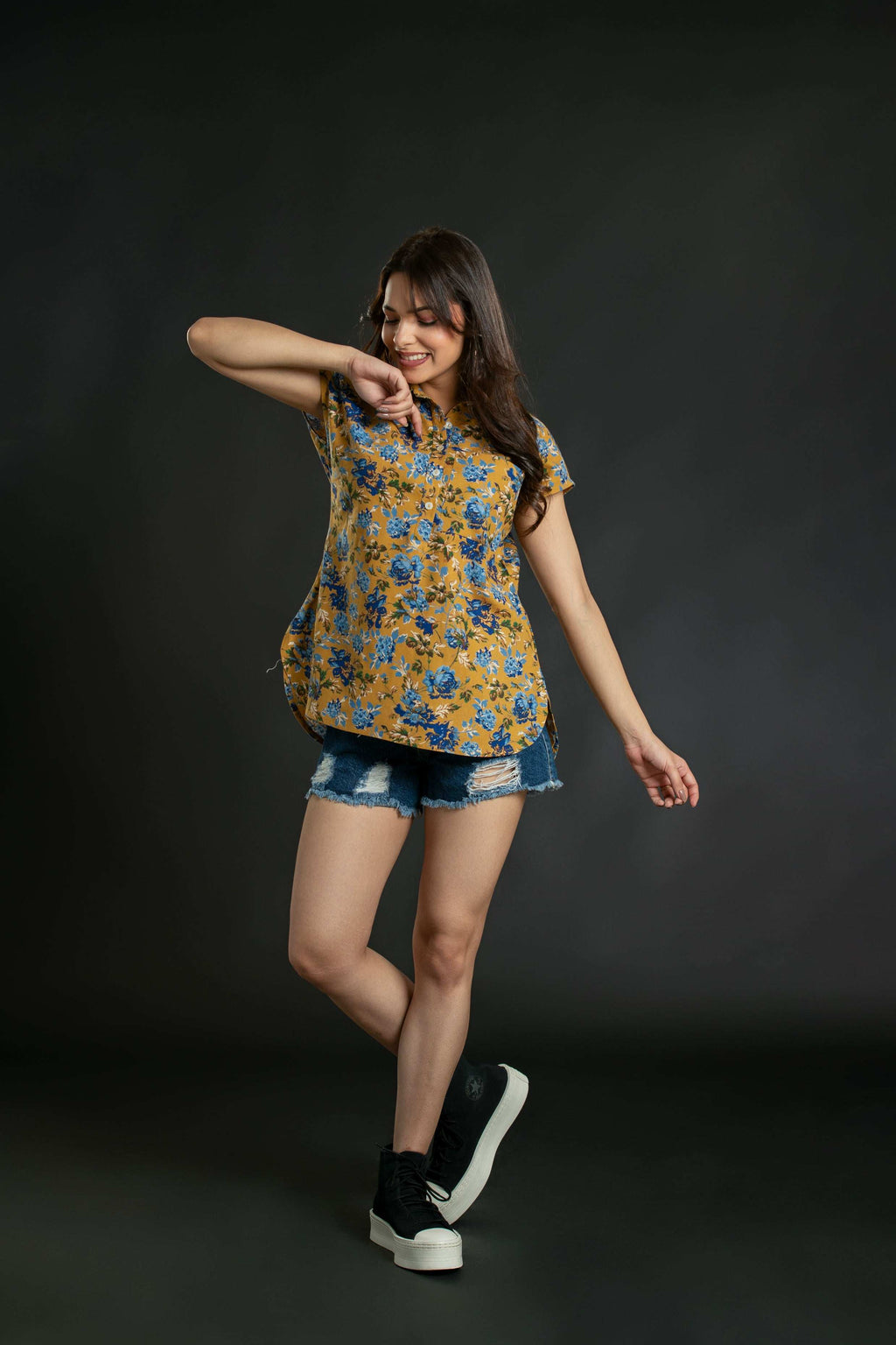 Women's Mustard Floral Cap Sleeve Top Casual Top