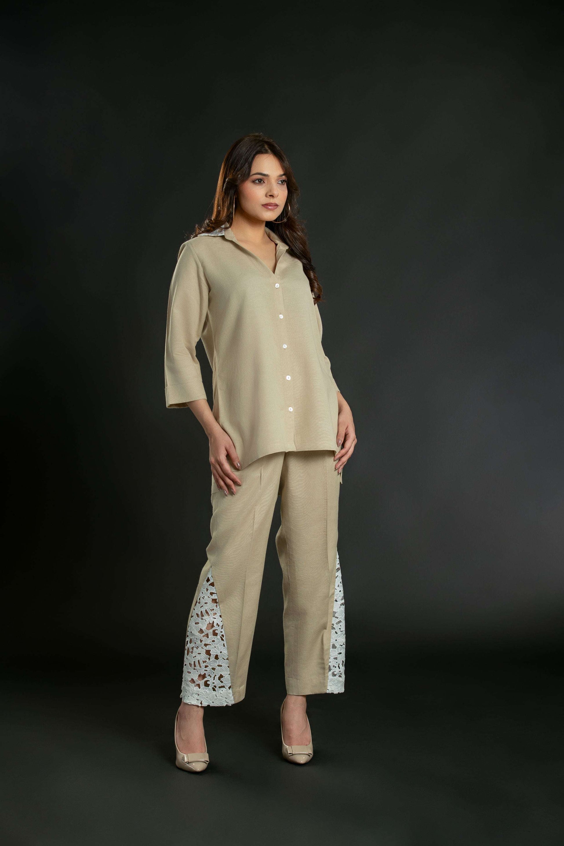 Women's Crochet Collar Short Coord with Bottom Crochet Detailing Short Co-Ord Set