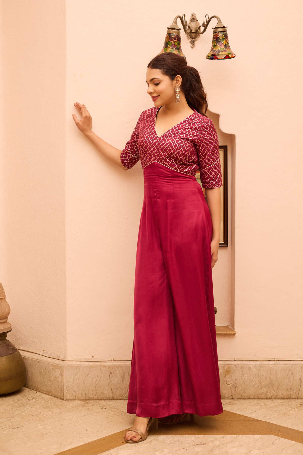 Nura - V Neckline Silk Comfort & Festive Jumsuit for Women's Fusion Jumpsuit Fusion Jumpsuit