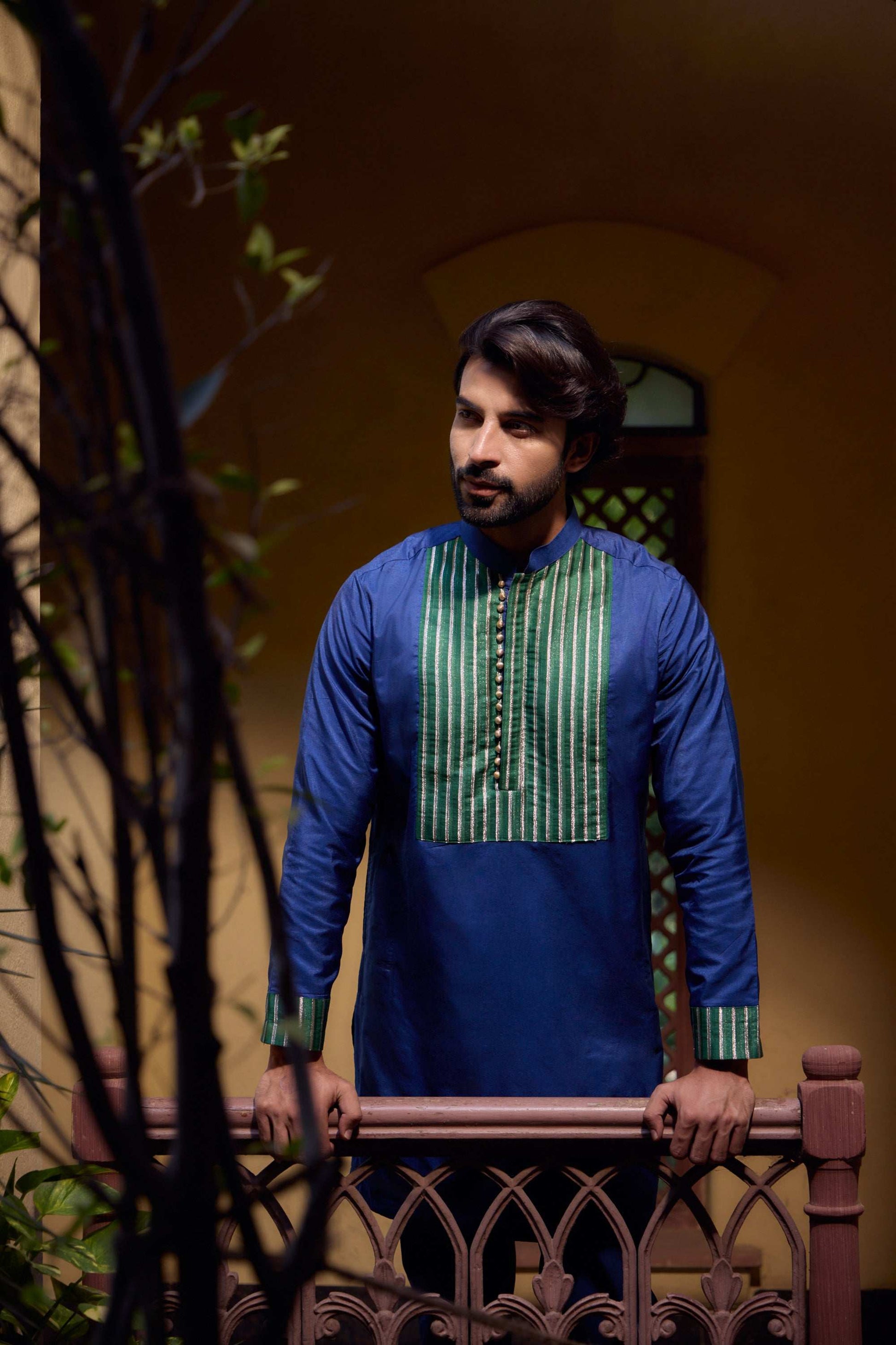 Azaan - Blue & Green Premium Silk Potli Button Men's Kurta Kurta Pant Set Kurta Pant Set