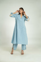 Women's Bell Sleeves Pleated Linen Co-Ord Long Co-Ord Set
