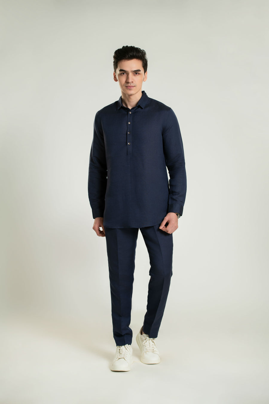Styled Point Collar Linen Lounge Shirt Short Kurta