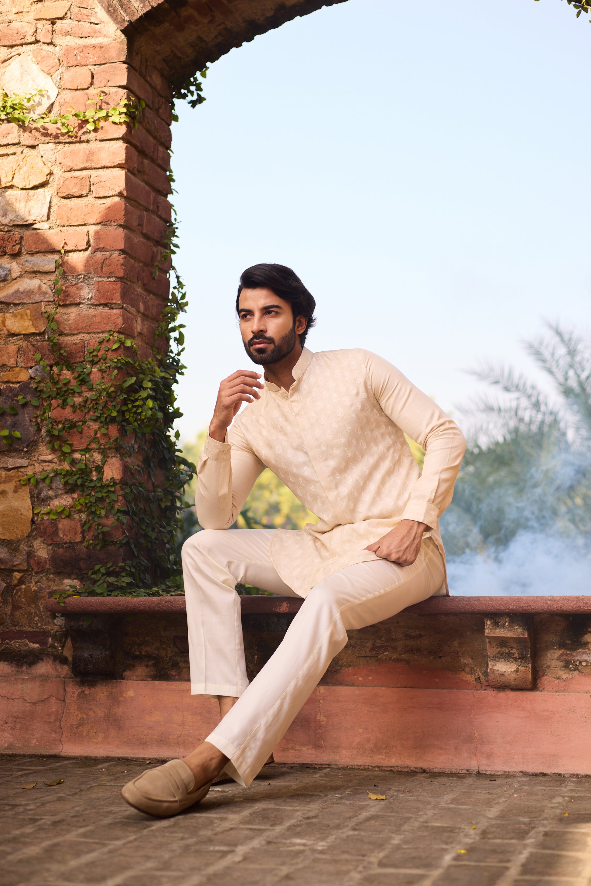 Buy Mens beige silk kurta set