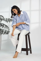 Pinstripe Blue - Fine Cotton Kimono Shirt for Women Women's Shirts Women's Shirts