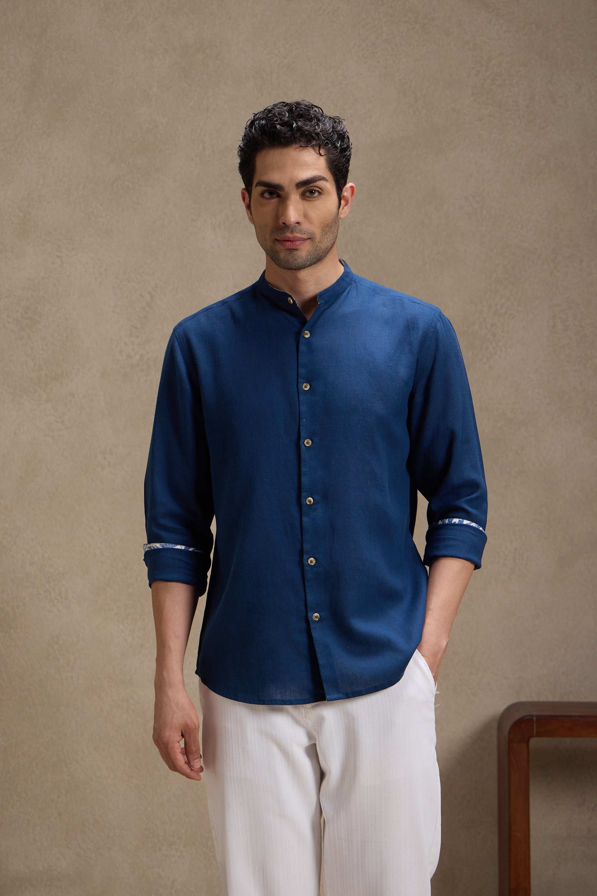 Space Blue - Linen Mandarin Collar Shirt for Men Men's Shirt Men's Shirt