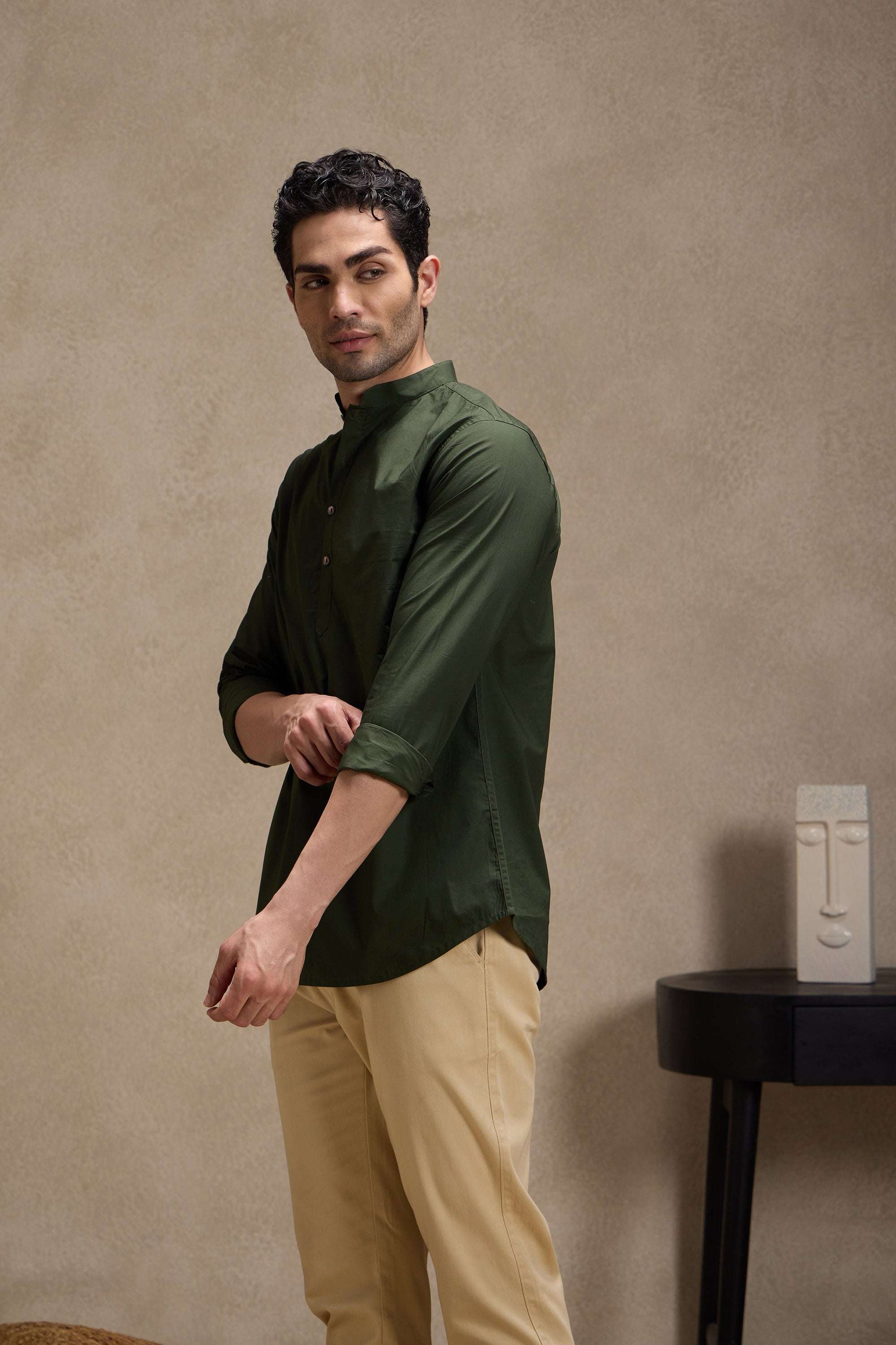 Army Green Mandarin Collar Short Kurta Short Kurta Short Kurta