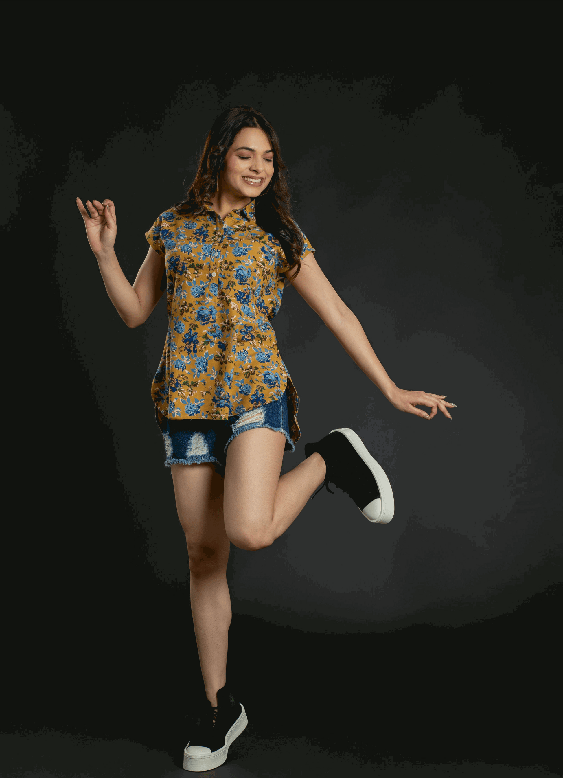 Women's Mustard Floral Cap Sleeve Top Casual Top