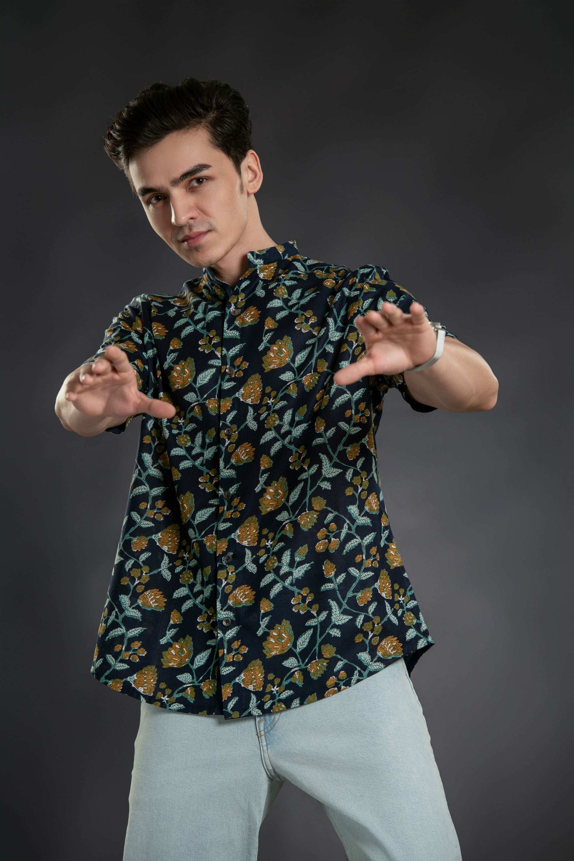 Floral Print Mandarin Collar Shirt Casual Shirt