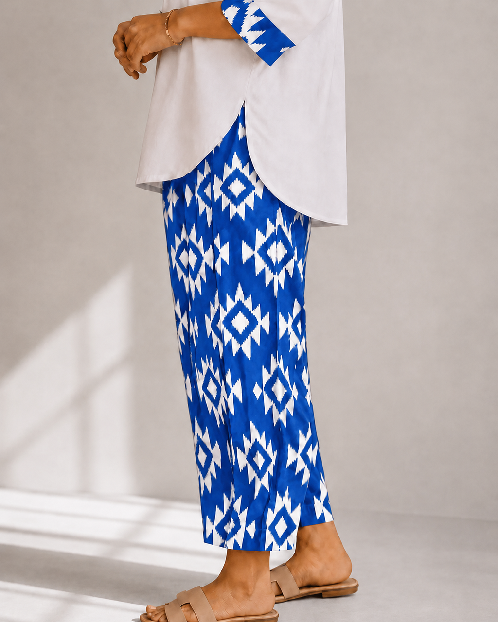 Curved Hem Relaxed Kurta with Printed Salwar - White