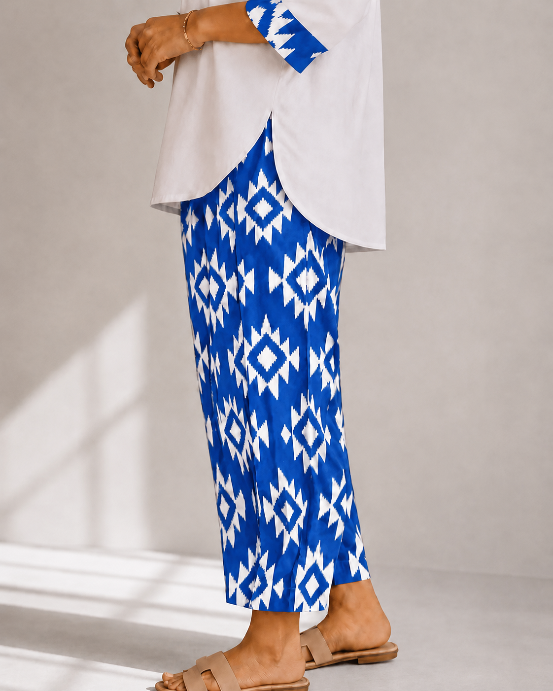 Curved Hem Relaxed Kurta with Printed Salwar - White
