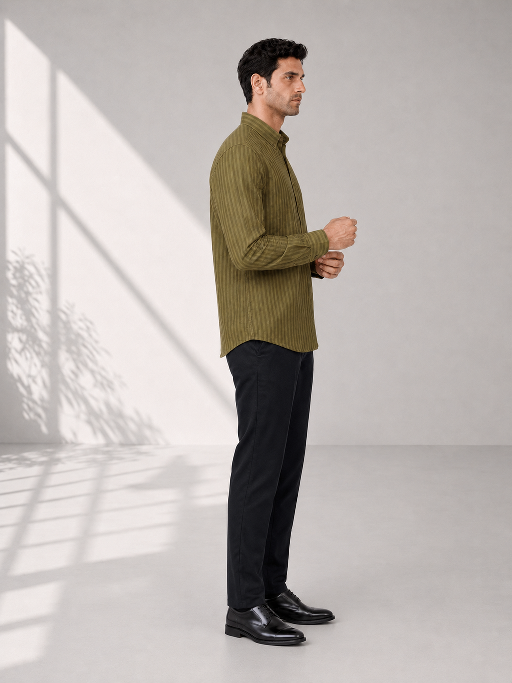 Self Stripe Short Kurta - Olive Green