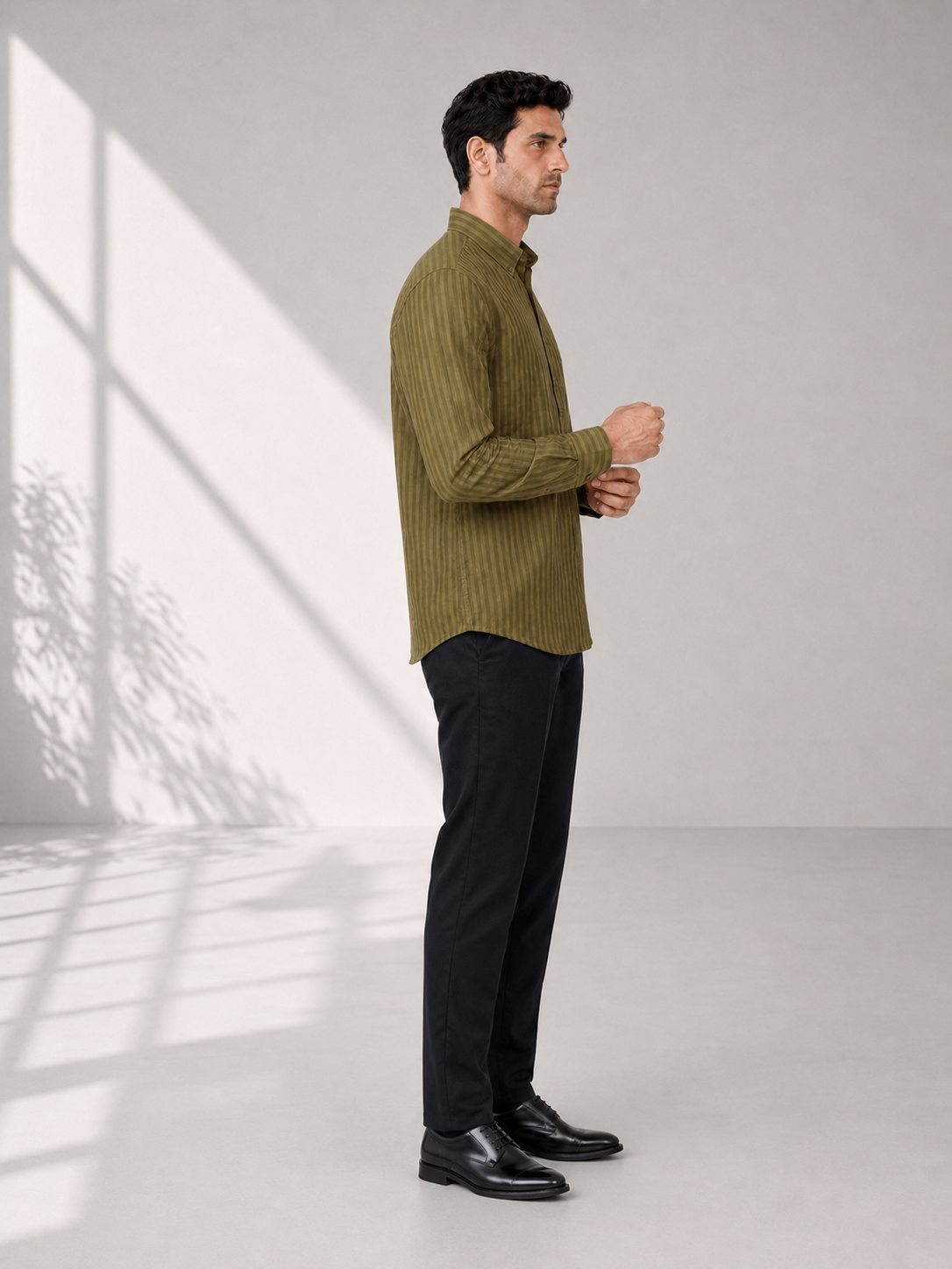 Self Stripe Short Kurta - Olive Green